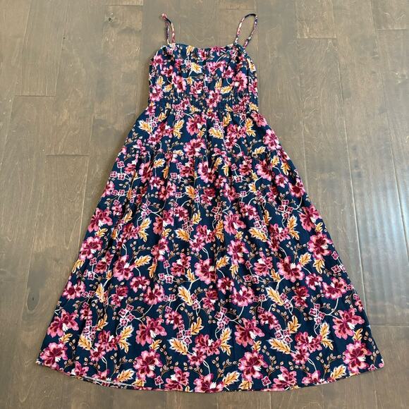 Boho Bloomcore Dress Women Small Navy Linen Blend Sundress Tiered Midi Pockets - Picture 3 of 15